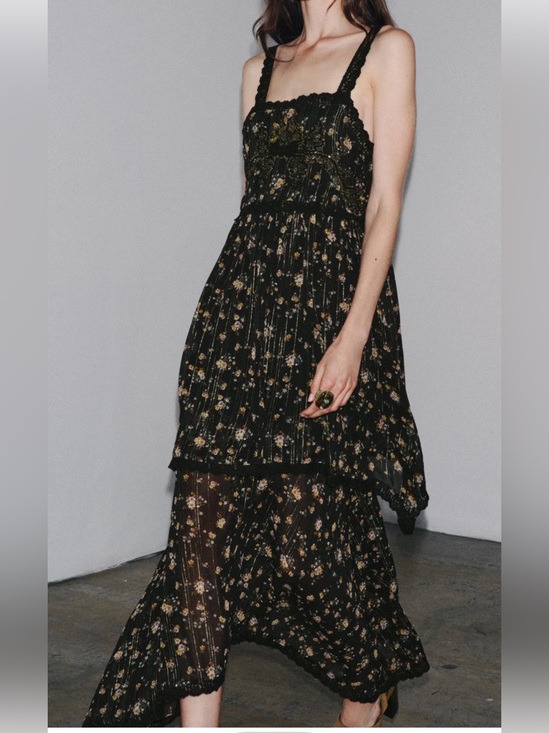 Zara Dresses & Skirts - Zara Black Floral Tiered Maxi Dress with Gold Accents
